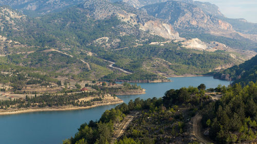 High angle view of lake and mountains