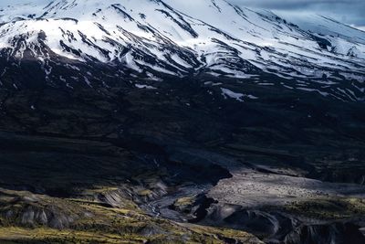 Scenic view of mountains against sky during winter