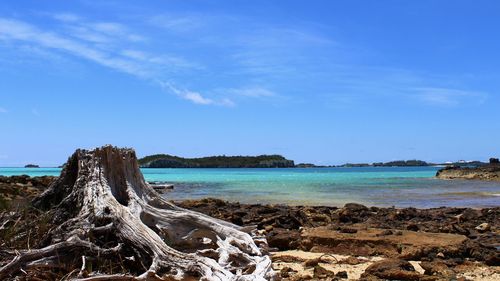 Scenic view of sea against blue sky