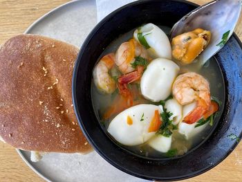 High angle view of soup in bowl on table