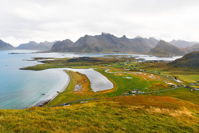 Panoramic view from mountain top over beach and countryside at the coast in lofoten norway