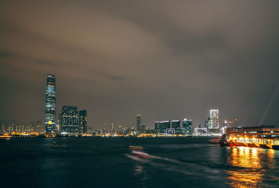 Scenic view of sea by illuminated cityscape against sky at night