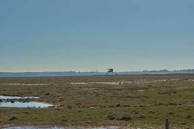 Scenic view of beach against clear sky