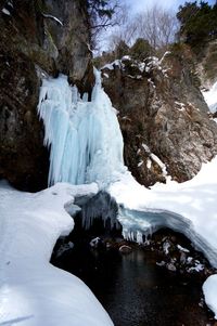 Frozen lake with snowcapped mountain in background