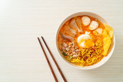 High angle view of food in bowl on table