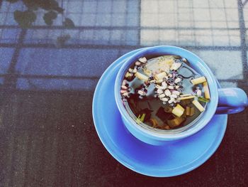 High angle view of breakfast on table