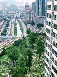 High angle view of modern buildings in city