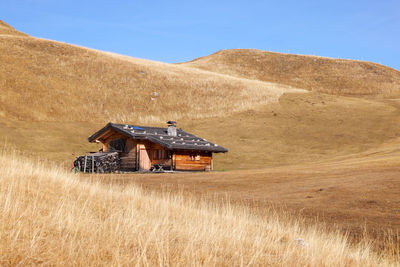 House on field against clear sky