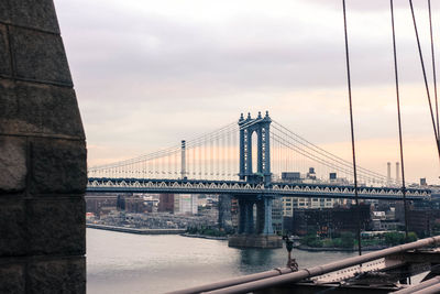 View of suspension bridge against cloudy sky