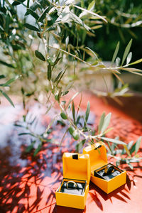 Close-up of yellow toy car on table