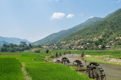 Bamboo watermill. scenic view of agricultural field against sky
