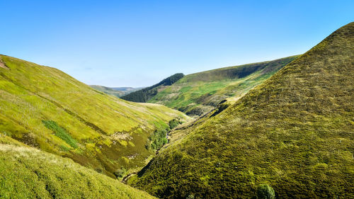 Scenic view of mountains against clear blue sky