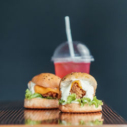 Close-up of burger on table