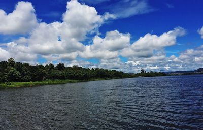 Scenic view of river against cloudy sky