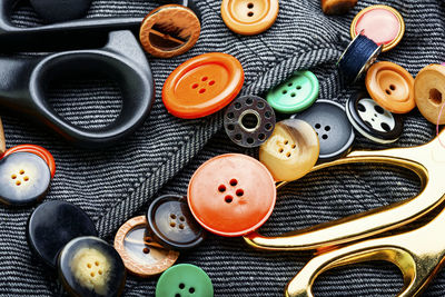 High angle view of various buttons