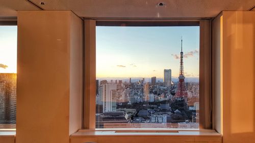 Cityscape seen through window