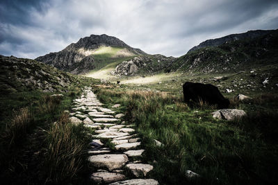 Scenic view of hill against cloudy sky