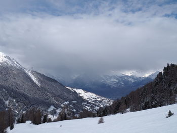 Scenic view of snow covered mountains against sky