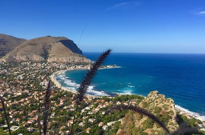 Scenic view of sea against clear blue sky