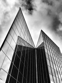 Low angle view of modern building against cloudy sky