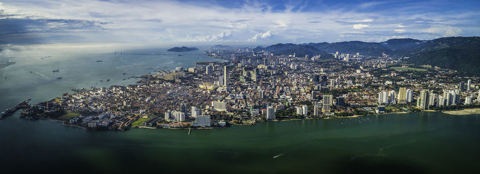 High angle view of boats in city