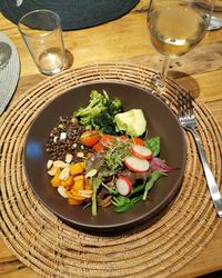 High angle view of food served on table