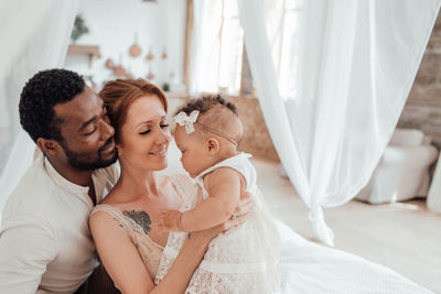 Rear view of father and son