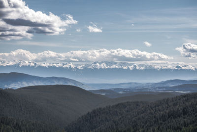 Scenic view of mountains against cloudy sky