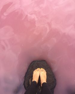 Low section of woman on rock over pink water