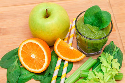 High angle view of apples on table