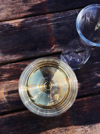 High angle view of glass jar on table