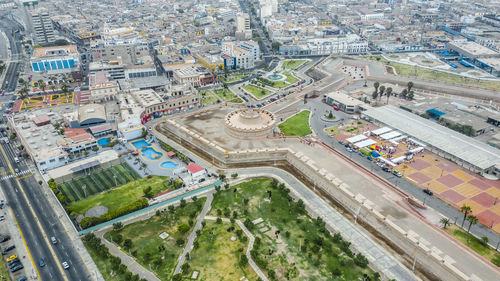 High angle view of buildings in city