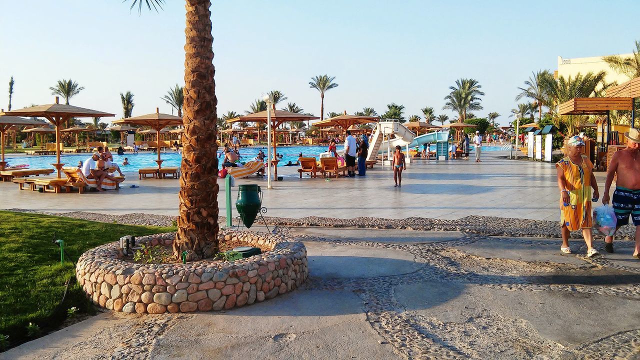 beach, clear sky, water, tree, large group of people, sand, leisure activity, person, lifestyles, men, sea, shore, sunlight, vacations, incidental people, blue, day, built structure, tourist