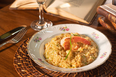 High angle view of food in plate on table