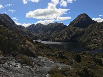 Scenic view of lake and mountains against sky