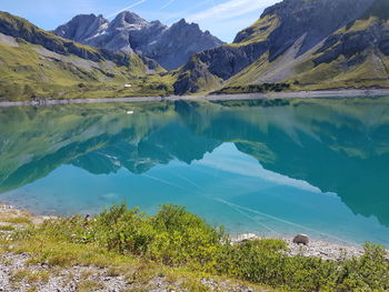 Scenic view of lake and mountains against sky