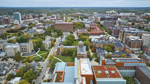 High angle view of buildings in city