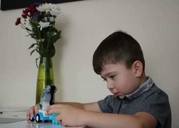 Portrait of boy holding flowers on table