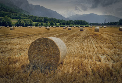 Hay bales on field against sky