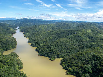 High angle view of trees on landscape against sky