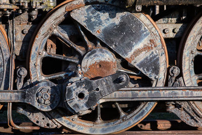 Close-up of abandoned train wheel