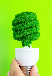 Close-up of hand holding ice cream against green background