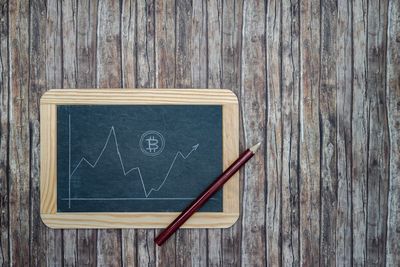 Directly above shot of blackboard with pencil on wooden table