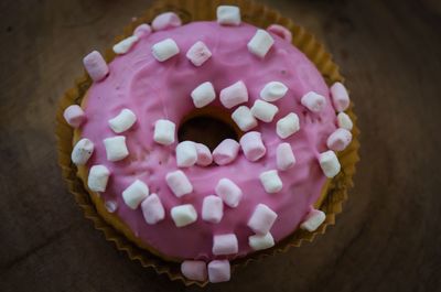 High angle view of heart shape cake on table