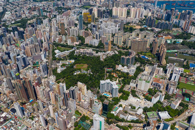 High angle view of modern buildings in city