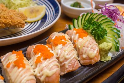 Close-up of sushi served in plate