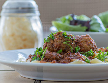 Close-up of meatball dish served in plate