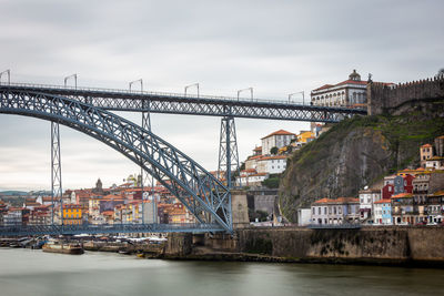 Bridge over river in city against sky