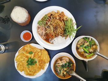 High angle view of meal served on table