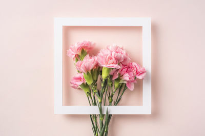 Close-up of pink flower vase against white background